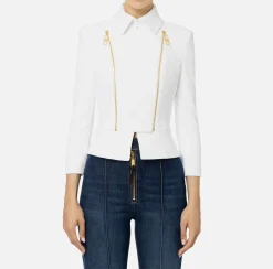 Elisabetta Franchi Jackets And Trench Coats|Tailleur|Stretch crêpe jacket with peplum and zip Ivory