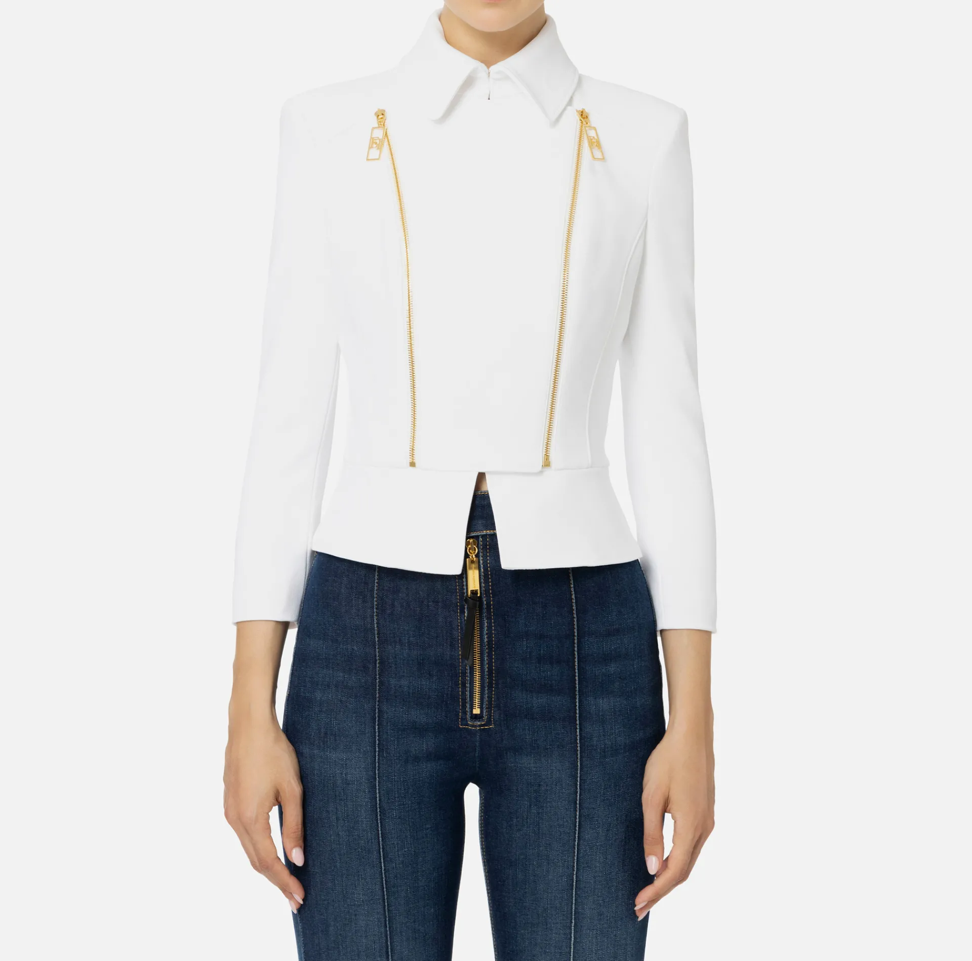 Elisabetta Franchi Jackets And Trench Coats|Tailleur|Stretch crêpe jacket with peplum and zip Ivory