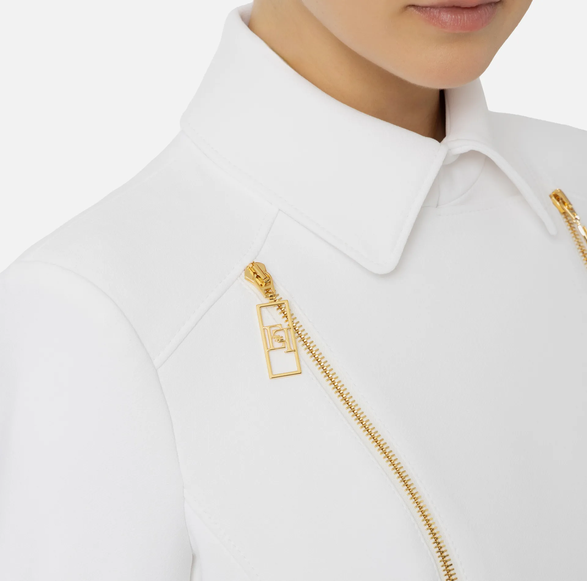 Elisabetta Franchi Jackets And Trench Coats|Tailleur|Stretch crêpe jacket with peplum and zip Ivory