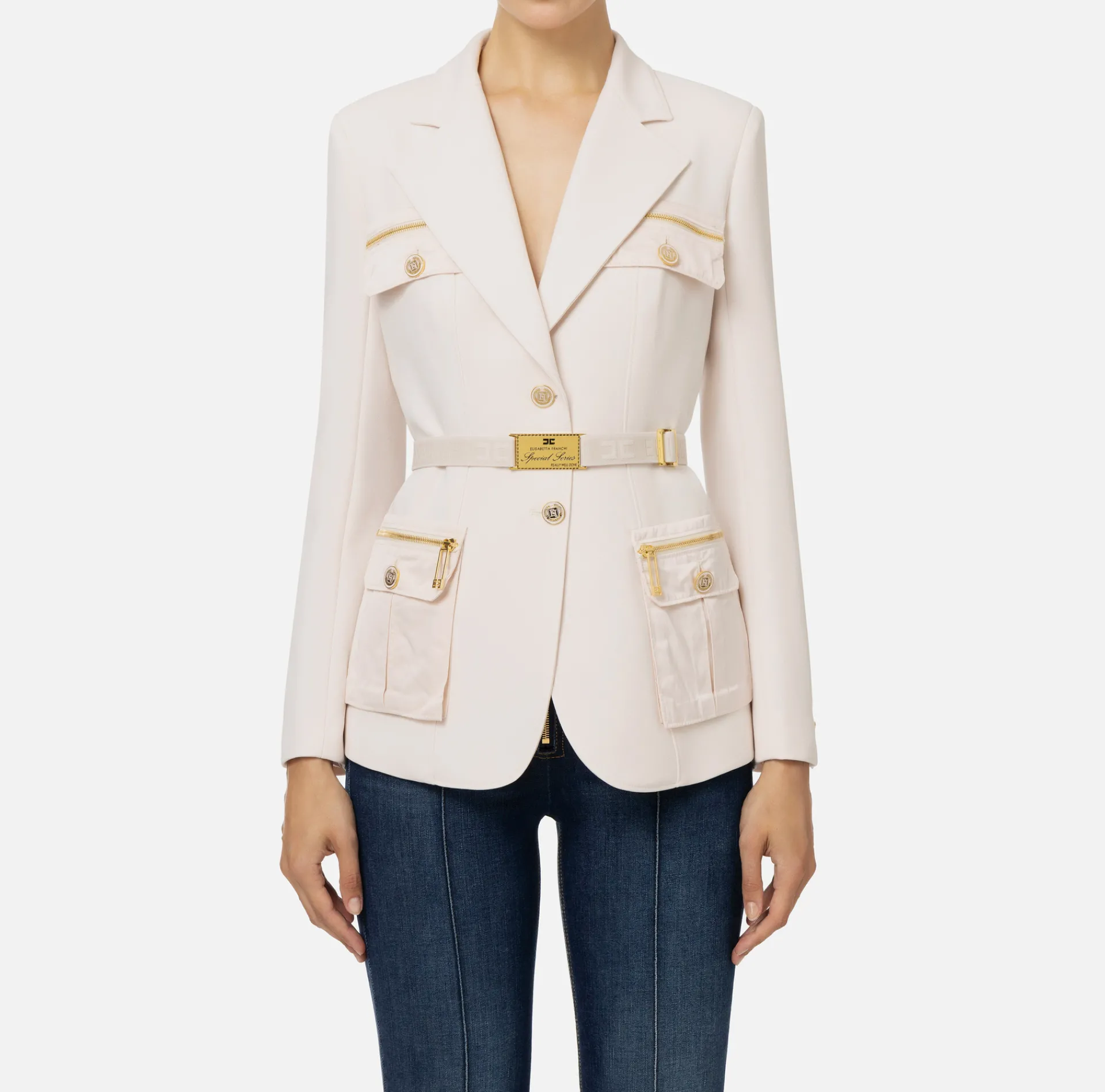 Elisabetta Franchi Jackets And Trench Coats|Tailleur|Stretch crêpe jacket with belt and pockets Latex