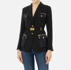 Elisabetta Franchi Jackets And Trench Coats|Tailleur|Stretch crêpe jacket with belt and pockets Black