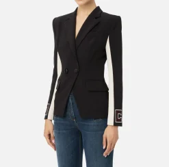 Elisabetta Franchi Jackets And Trench Coats|Stretch crêpe jacket with bands and logo embroidery Black/Butter