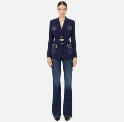 Elisabetta Franchi Jackets And Trench Coats|Tailleur|Stretch crêpe jacket with belt and pockets Navy