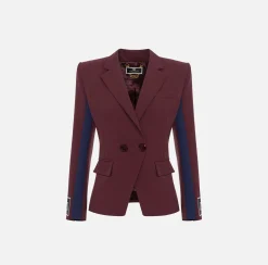 Elisabetta Franchi Jackets And Trench Coats|Stretch crêpe jacket with bands and logo embroidery Gold