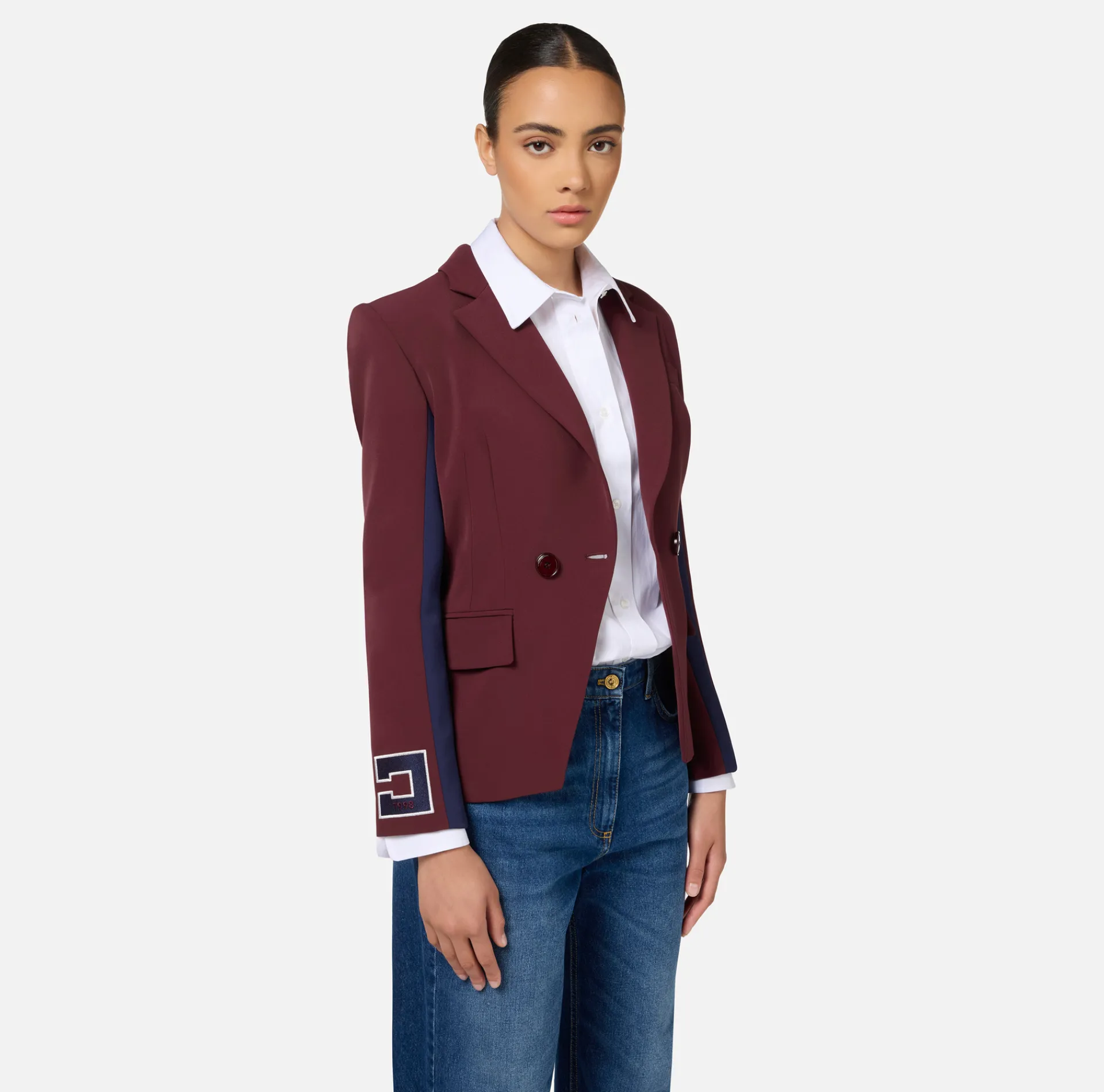 Elisabetta Franchi Jackets And Trench Coats|Stretch crêpe jacket with bands and logo embroidery Gold