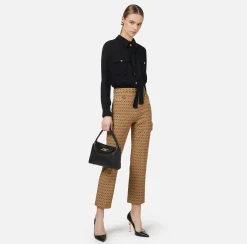 Elisabetta Franchi Jumpsuits|Stretch crêpe jumpsuit with diamond print and bow Camel/Black