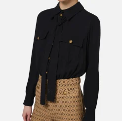 Elisabetta Franchi Jumpsuits|Stretch crêpe jumpsuit with diamond print and bow Camel/Black