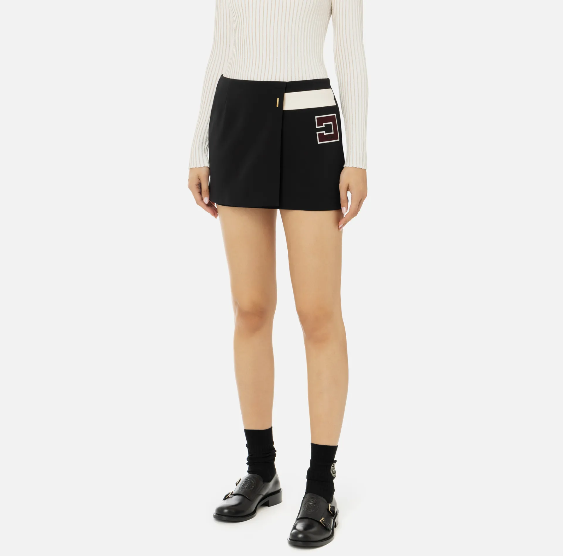 Elisabetta Franchi Skirts|Stretch crêpe miniskirt with band and logo embroidery Black/Butter