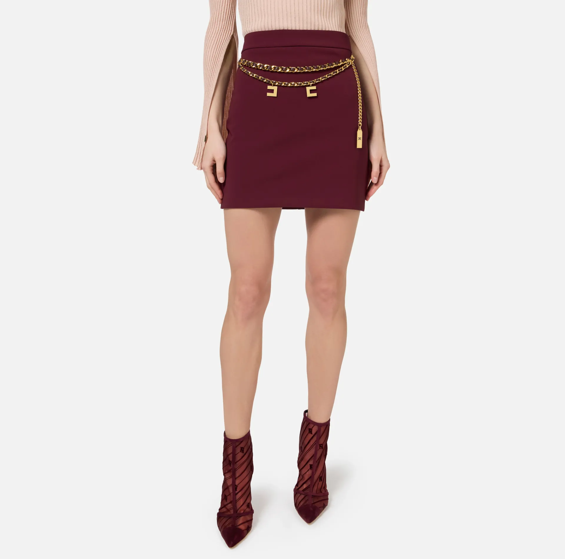 Elisabetta Franchi Tailleur|Skirts|Stretch crêpe miniskirt with belt RougeNoir