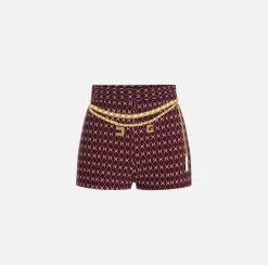 Elisabetta Franchi Trousers And Shorts|Stretch crêpe shorts with diamond print and chain RougeNoir/Butter