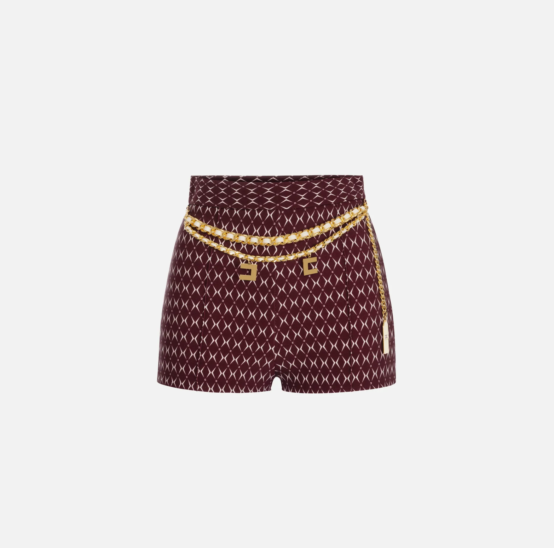 Elisabetta Franchi Trousers And Shorts|Stretch crêpe shorts with diamond print and chain RougeNoir/Butter