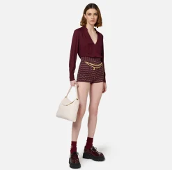 Elisabetta Franchi Trousers And Shorts|Stretch crêpe shorts with diamond print and chain RougeNoir/Butter