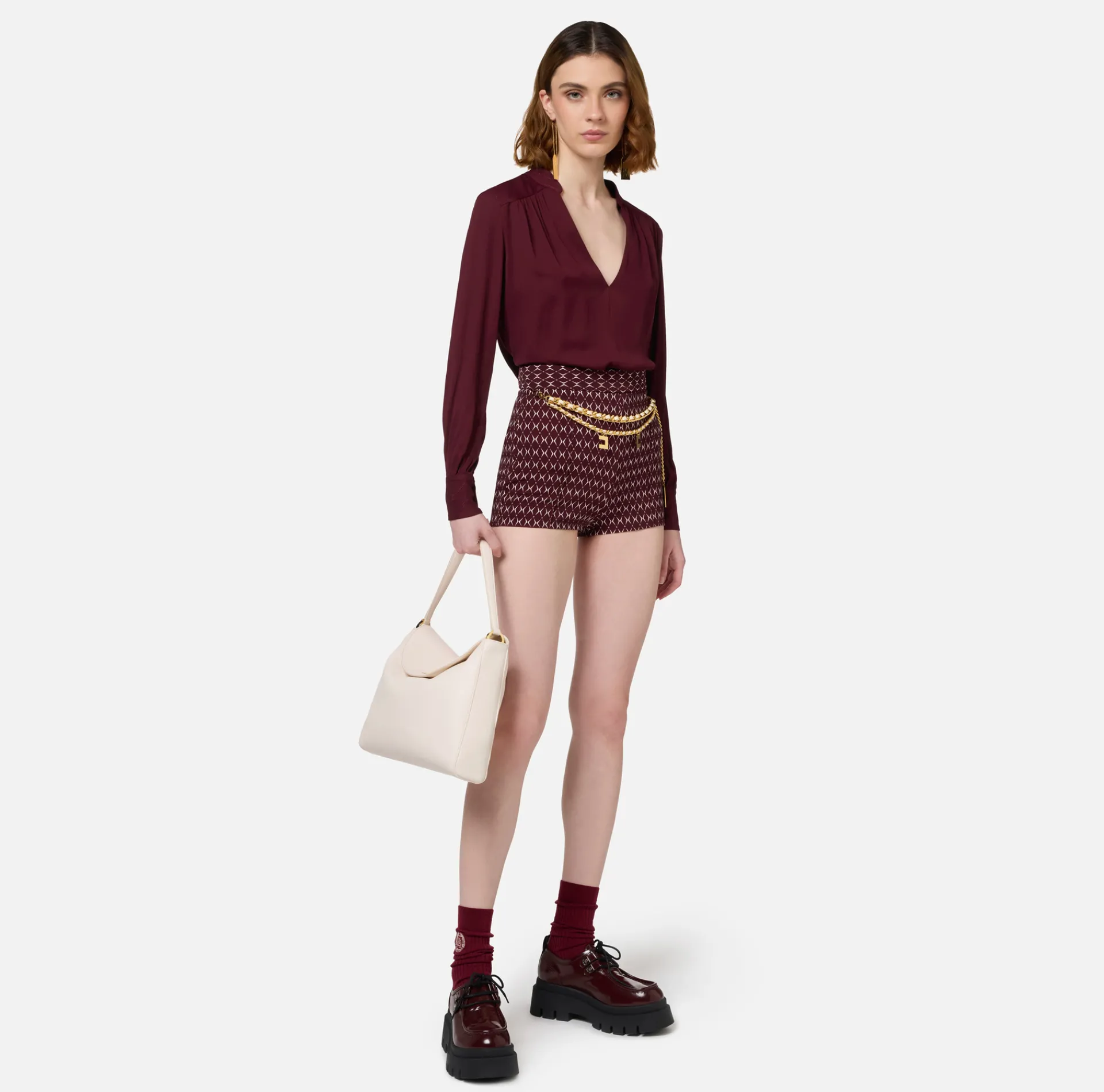 Elisabetta Franchi Trousers And Shorts|Stretch crêpe shorts with diamond print and chain RougeNoir/Butter