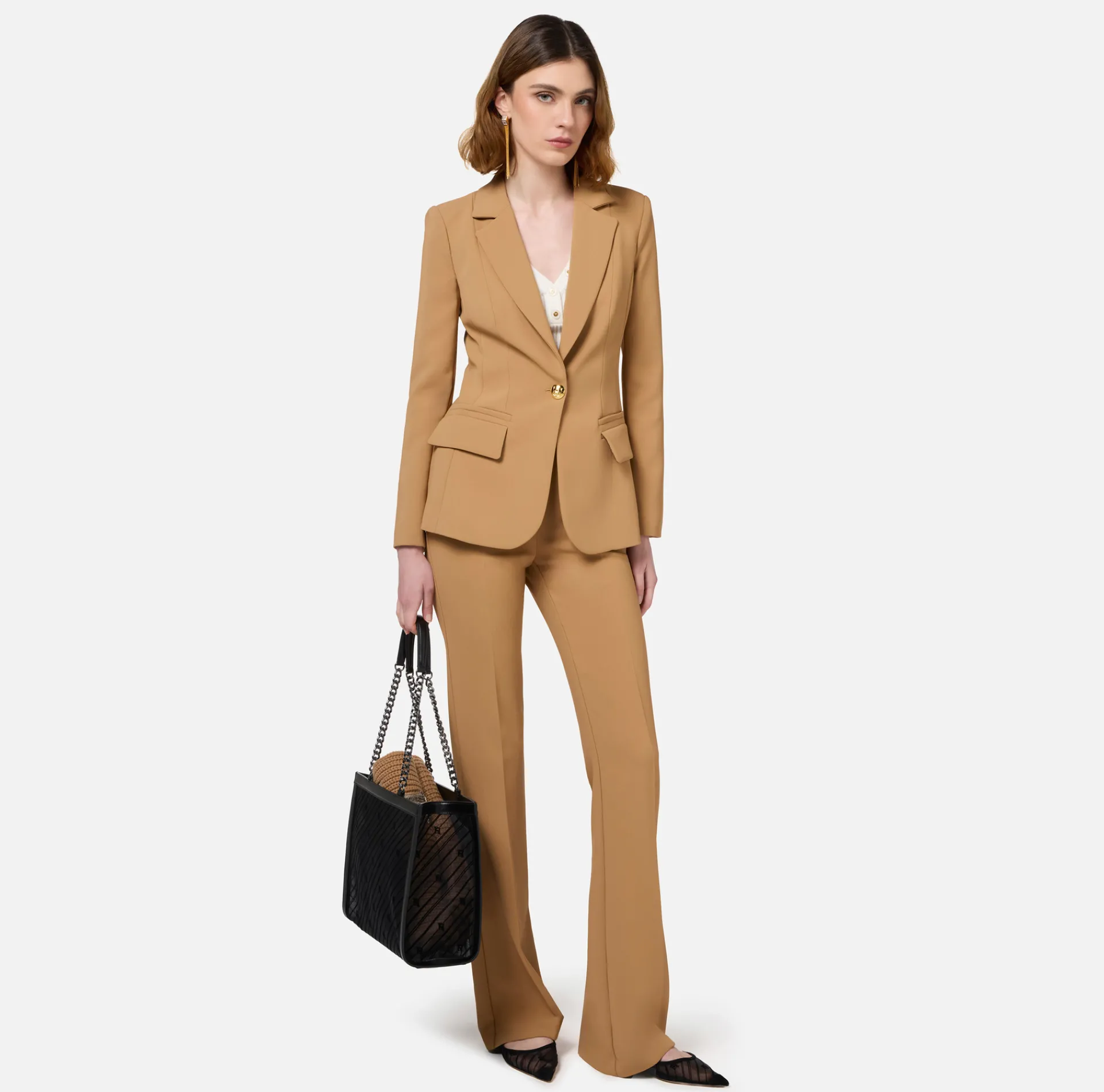 Elisabetta Franchi Tailleur|Stretch crêpe suit with fitted jacket and straight trousers Bronze