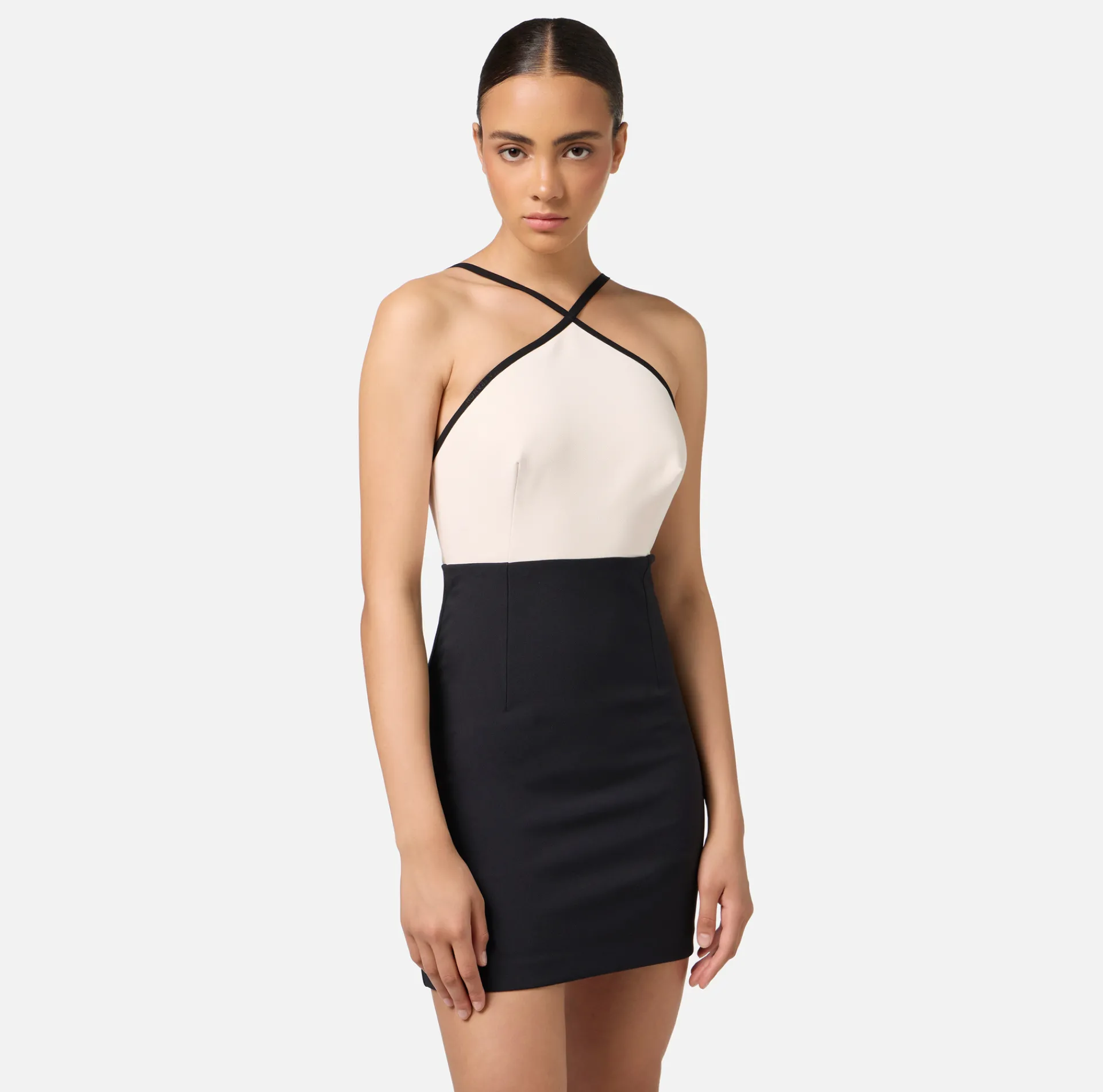 Elisabetta Franchi Mini Dresses|Dresses|Stretch crêpe two-tone mini-dress with logoed elastic Butter/Black