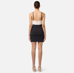 Elisabetta Franchi Mini Dresses|Dresses|Stretch crêpe two-tone mini-dress with logoed elastic Butter/Black