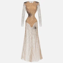 Elisabetta Franchi Red Carpet Dresses|Red Carpet|Stretch tulle red carpet dress embroidered with fireworks-effect sequins