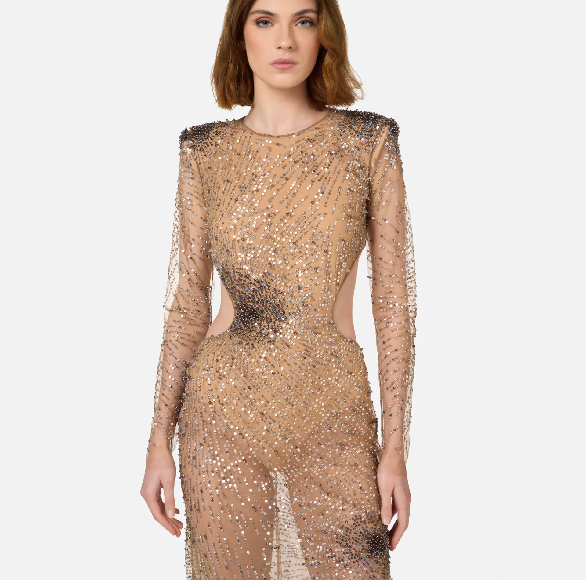 Elisabetta Franchi Red Carpet Dresses|Red Carpet|Stretch tulle red carpet dress embroidered with fireworks-effect sequins
