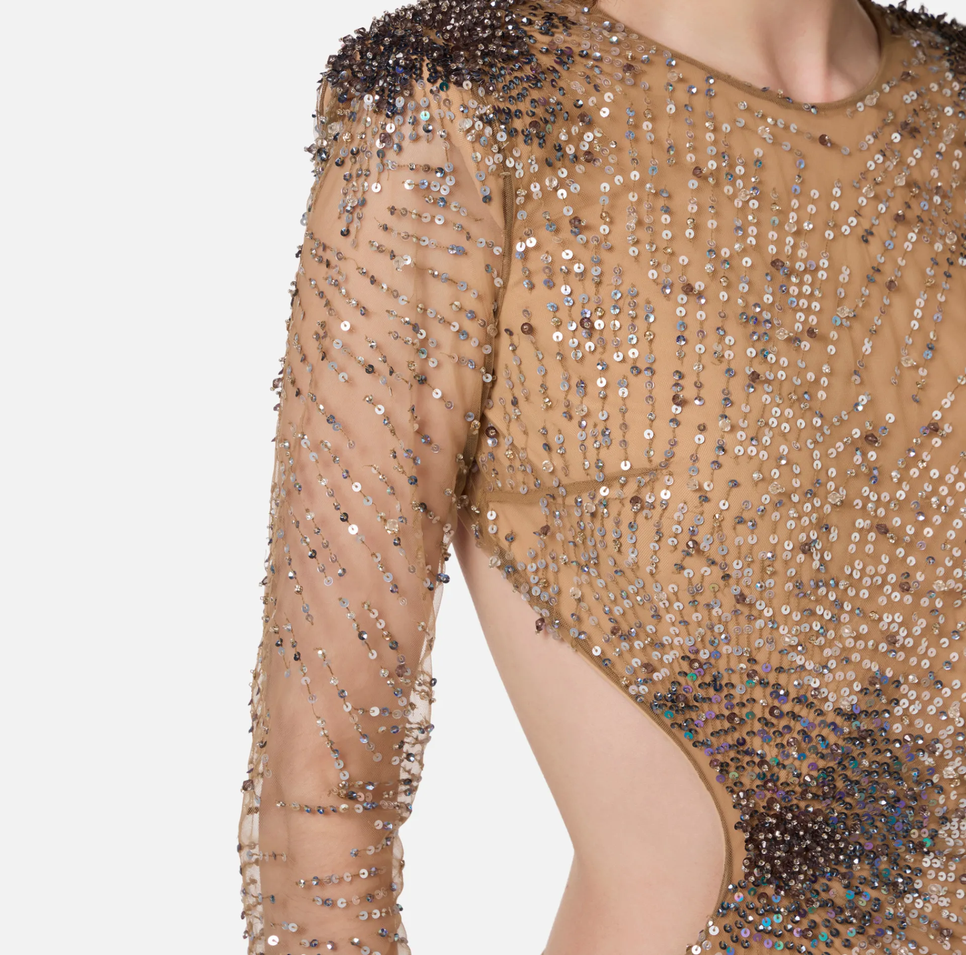 Elisabetta Franchi Red Carpet Dresses|Red Carpet|Stretch tulle red carpet dress embroidered with fireworks-effect sequins