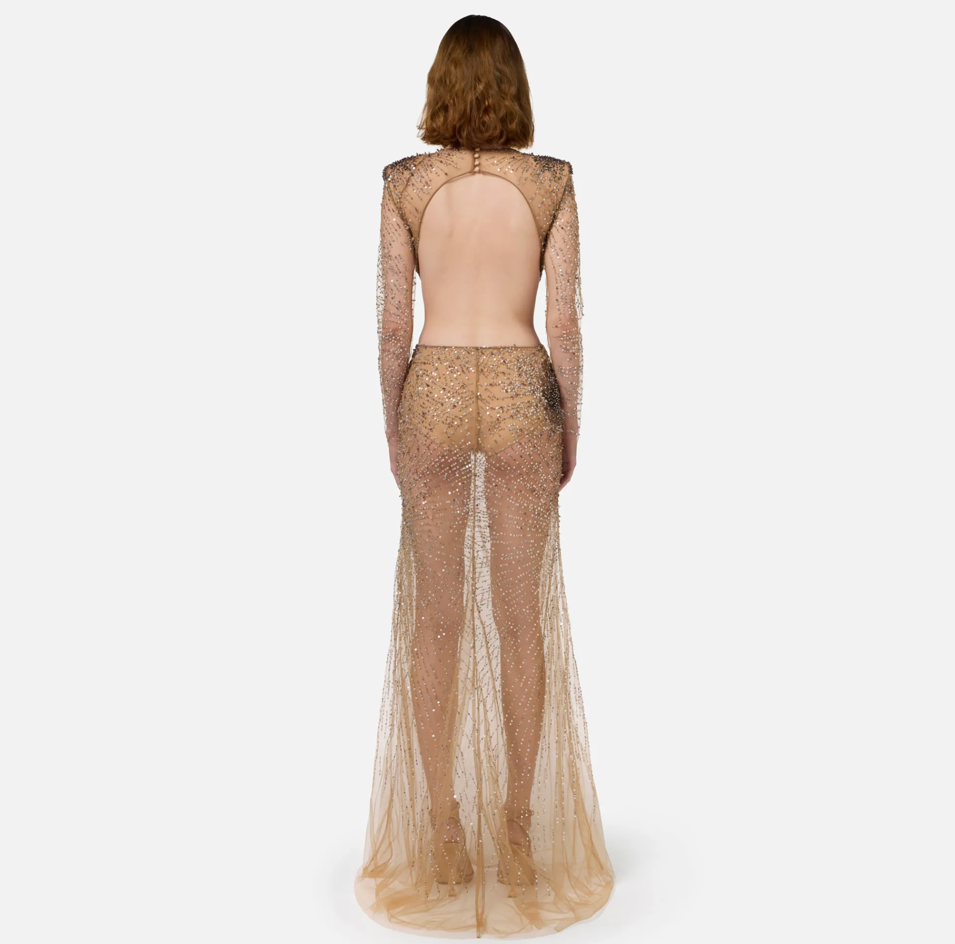 Elisabetta Franchi Red Carpet Dresses|Red Carpet|Stretch tulle red carpet dress embroidered with fireworks-effect sequins