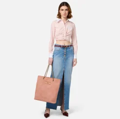 Elisabetta Franchi Shirts And Blouses|Striped cropped poplin shirt with draping PowderPink/White