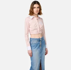 Elisabetta Franchi Shirts And Blouses|Striped cropped poplin shirt with draping PowderPink/White