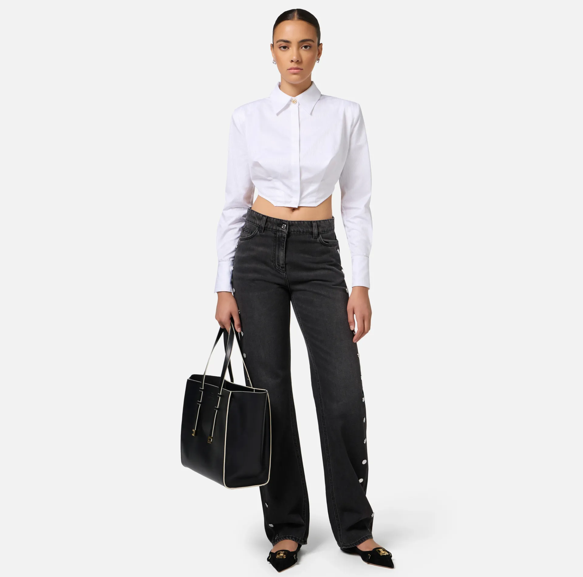 Elisabetta Franchi Shirts And Blouses|Striped cropped poplin shirt with asymmetric bottom White