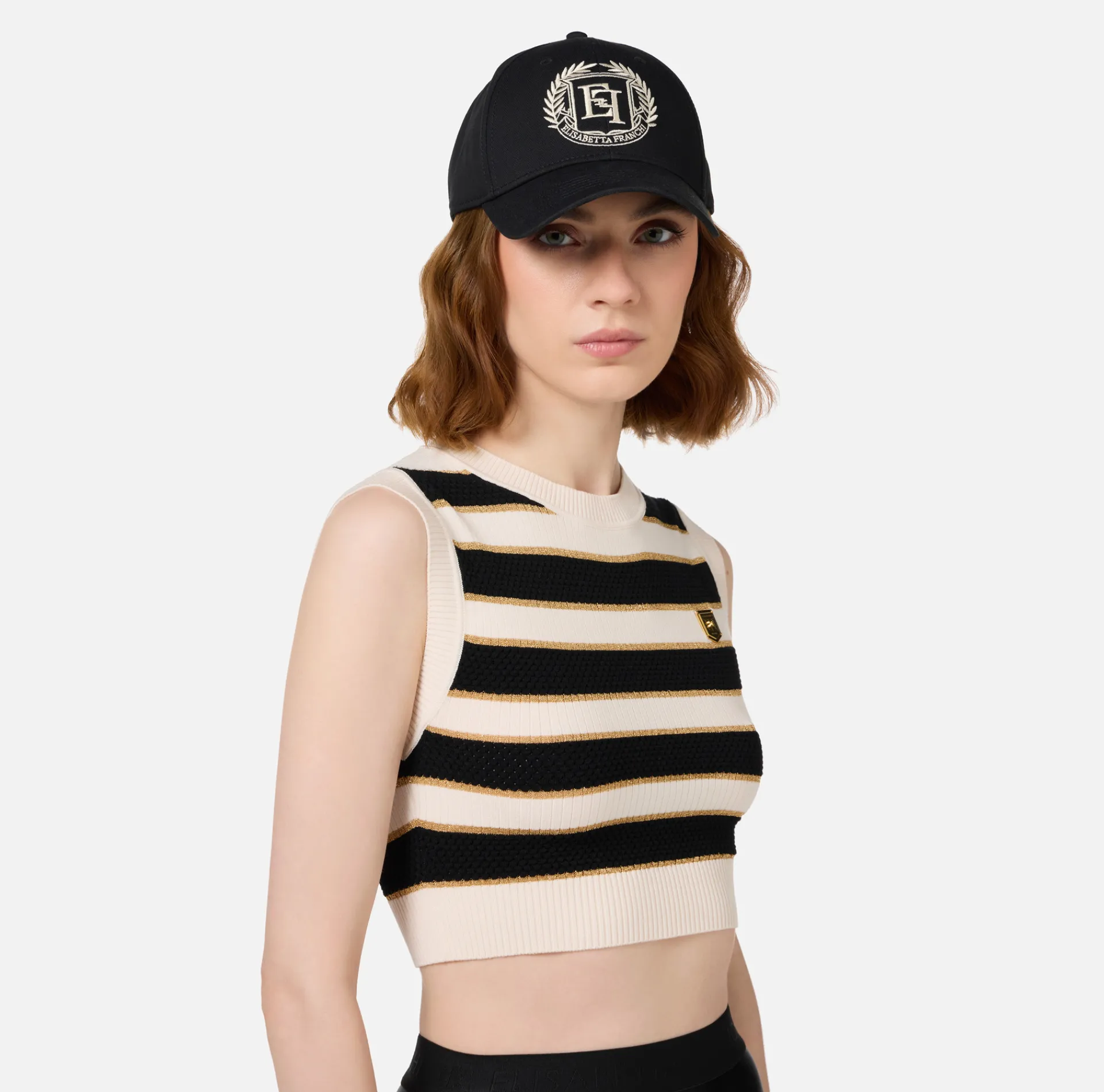 Elisabetta Franchi Top And T-Shirts|Striped lurex viscose cropped top Butter/Black