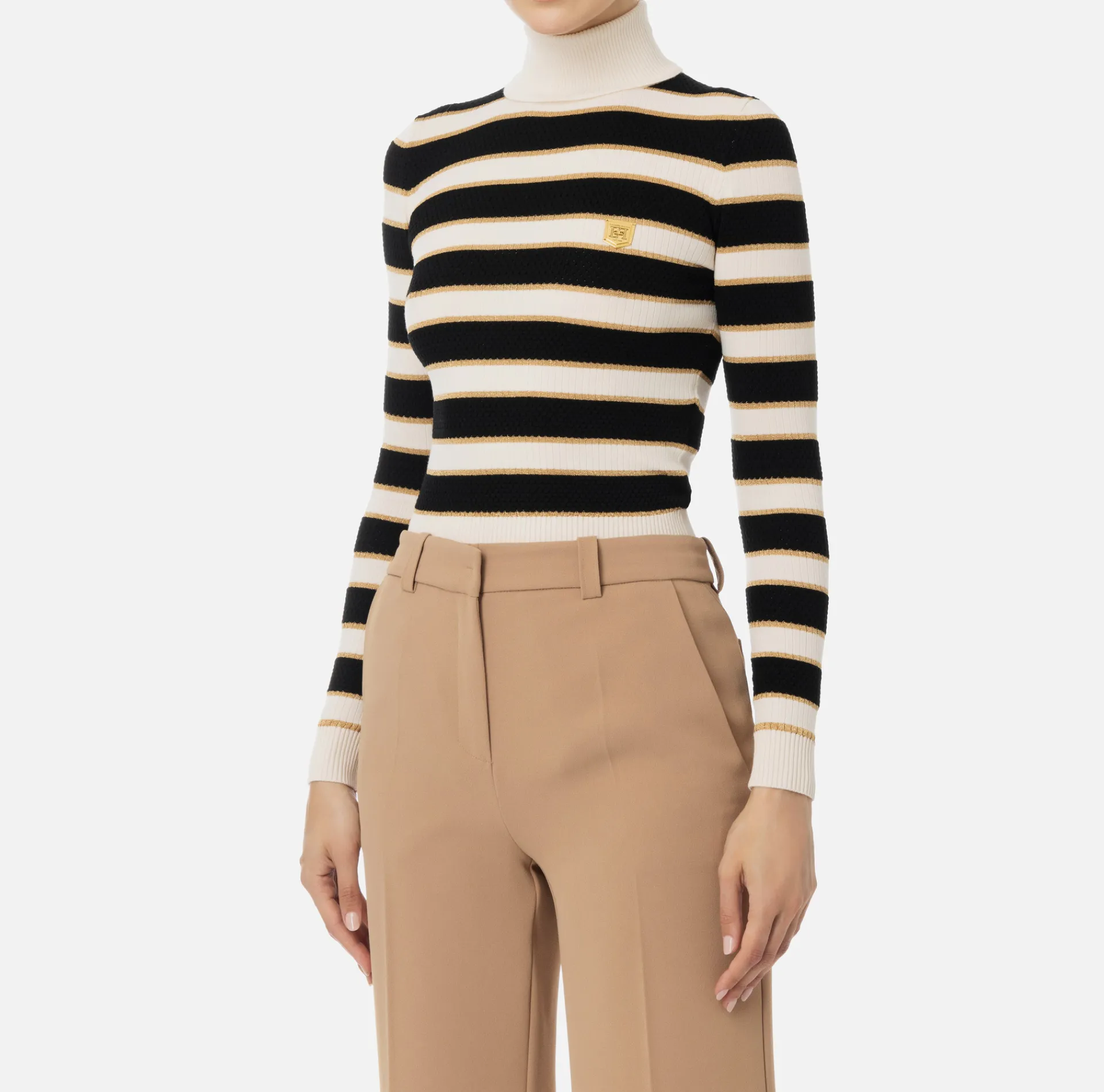 Elisabetta Franchi Knitwear And Sweatshirts|Striped lurex viscose cropped top Butter/Black