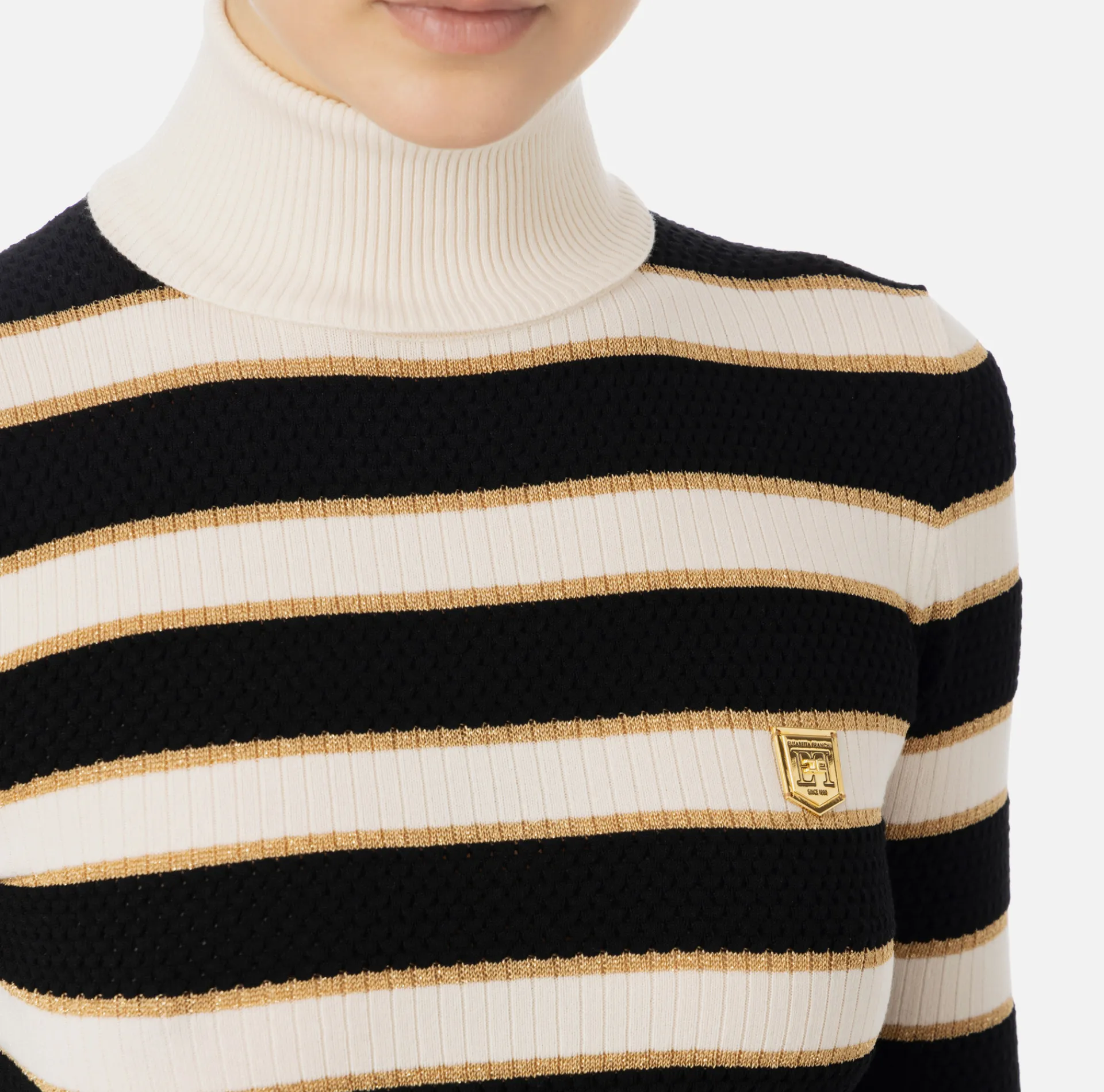 Elisabetta Franchi Knitwear And Sweatshirts|Striped lurex viscose cropped top Butter/Black