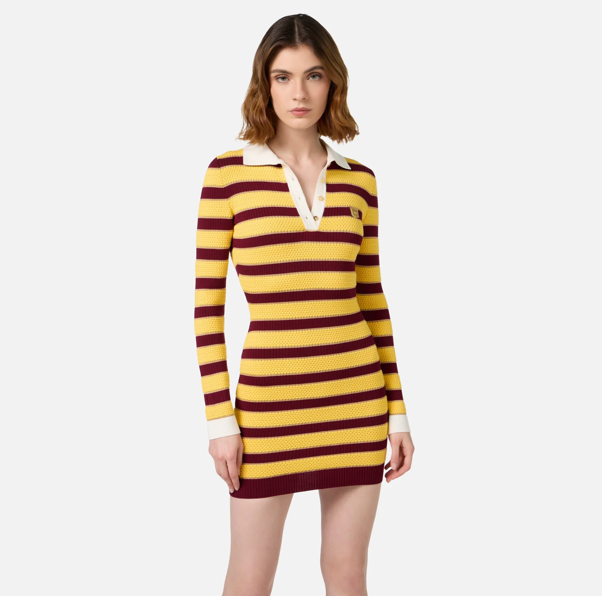 Elisabetta Franchi Mini Dresses|Knitted Dresses|Striped lurex viscose polo neck mini-dress RougeNoir/Mimosa