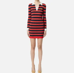 Elisabetta Franchi Mini Dresses|Knitted Dresses|Striped lurex viscose polo neck mini-dress RedPassion/BlueNavy