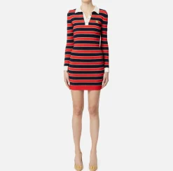 Elisabetta Franchi Mini Dresses|Knitted Dresses|Striped lurex viscose polo neck mini-dress RedPassion/BlueNavy