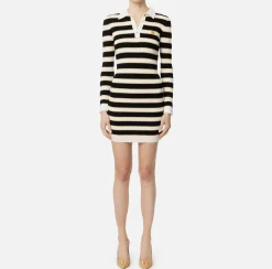 Elisabetta Franchi Mini Dresses|Knitted Dresses|Striped lurex viscose polo neck mini-dress Butter/Black