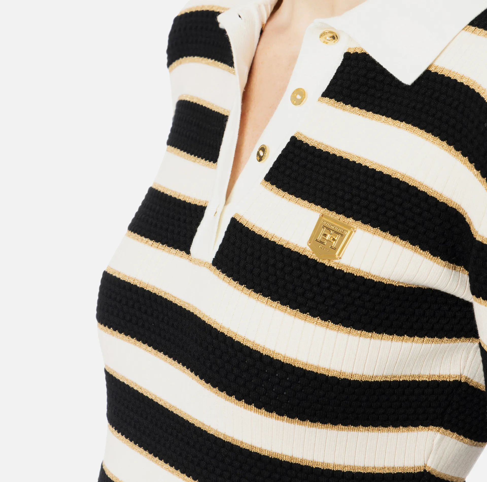 Elisabetta Franchi Mini Dresses|Knitted Dresses|Striped lurex viscose polo neck mini-dress Butter/Black