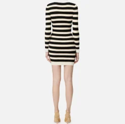 Elisabetta Franchi Mini Dresses|Knitted Dresses|Striped lurex viscose polo neck mini-dress Butter/Black