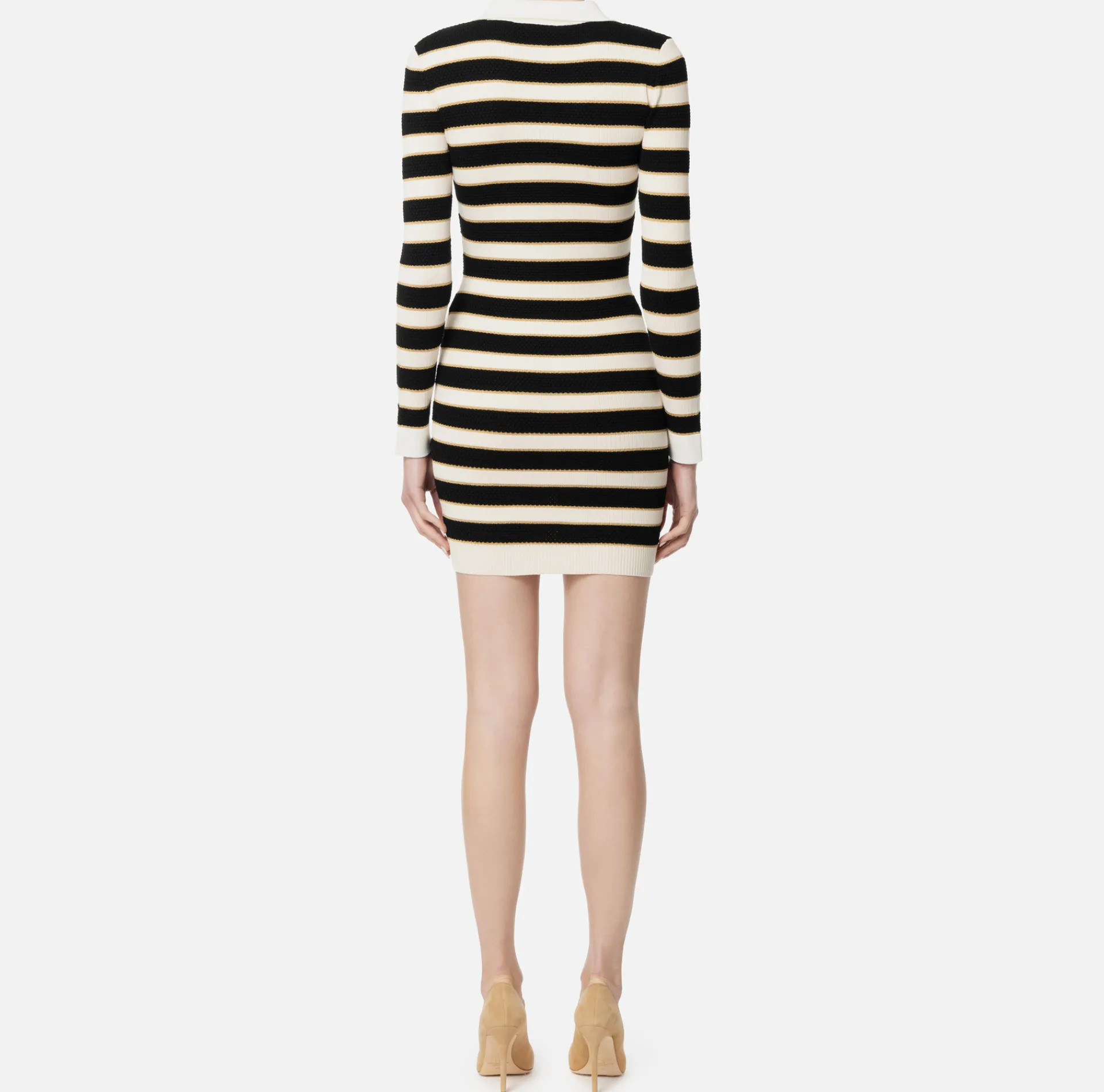 Elisabetta Franchi Mini Dresses|Knitted Dresses|Striped lurex viscose polo neck mini-dress Butter/Black