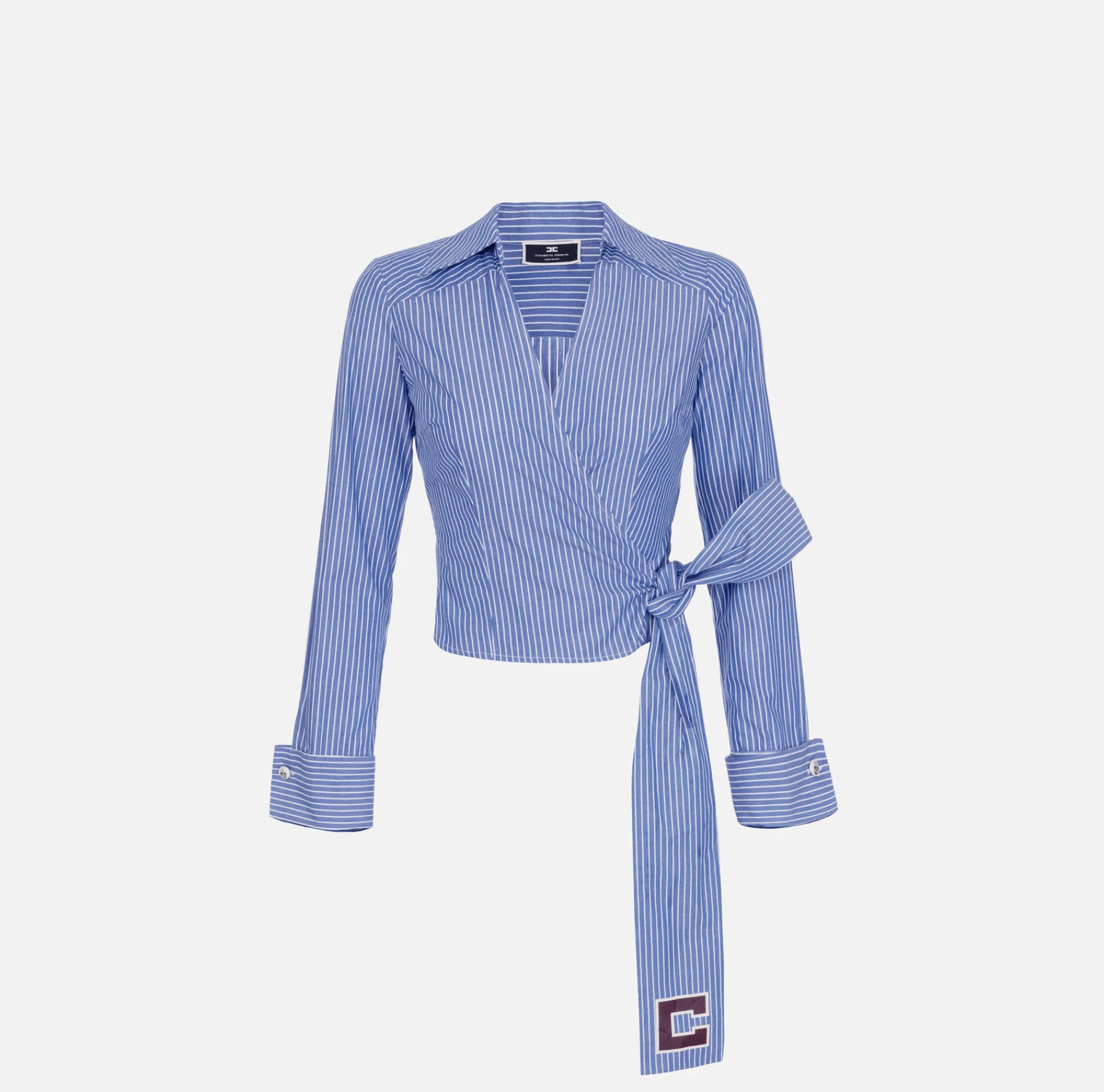 Elisabetta Franchi Shirts And Blouses|Striped poplin shirt with embroidered sash belt Navy/White
