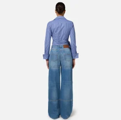 Elisabetta Franchi Shirts And Blouses|Striped poplin shirt with embroidered sash belt Navy/White