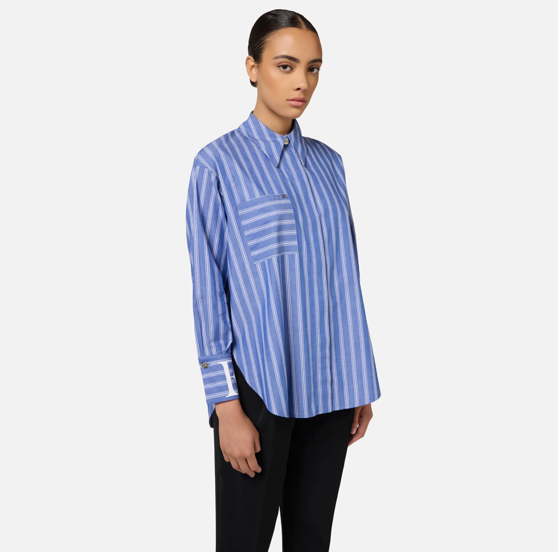 Elisabetta Franchi Shirts And Blouses|Striped poplin shirt with logo on cuffs Navy/White