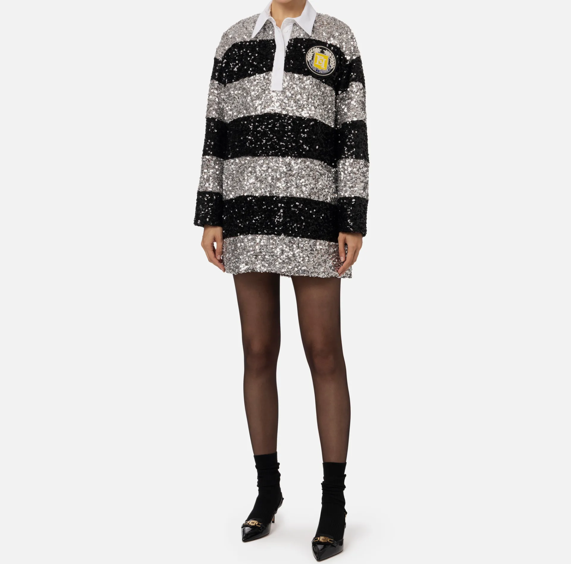 Elisabetta Franchi Mini Dresses|Dresses|Striped sequin mini-dress with shirt collar Silver/Black