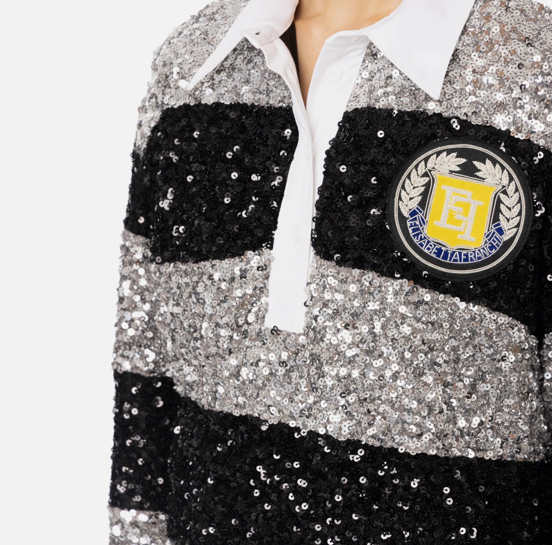 Elisabetta Franchi Mini Dresses|Dresses|Striped sequin mini-dress with shirt collar Silver/Black