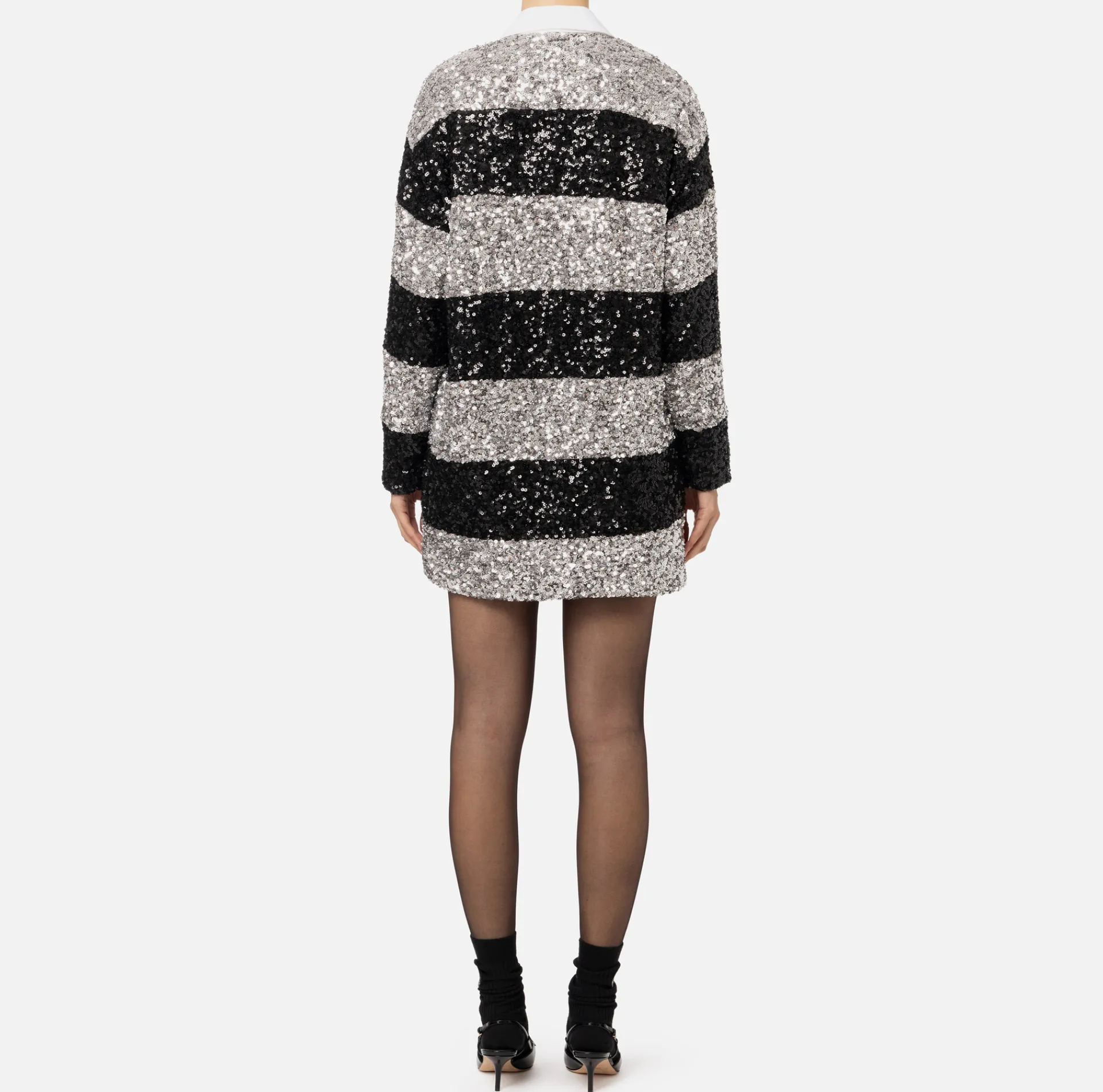Elisabetta Franchi Mini Dresses|Dresses|Striped sequin mini-dress with shirt collar Silver/Black