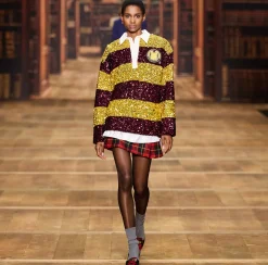 Elisabetta Franchi Mini Dresses|Dresses|Striped sequin mini-dress with shirt collar Mimosa/RougeNoir