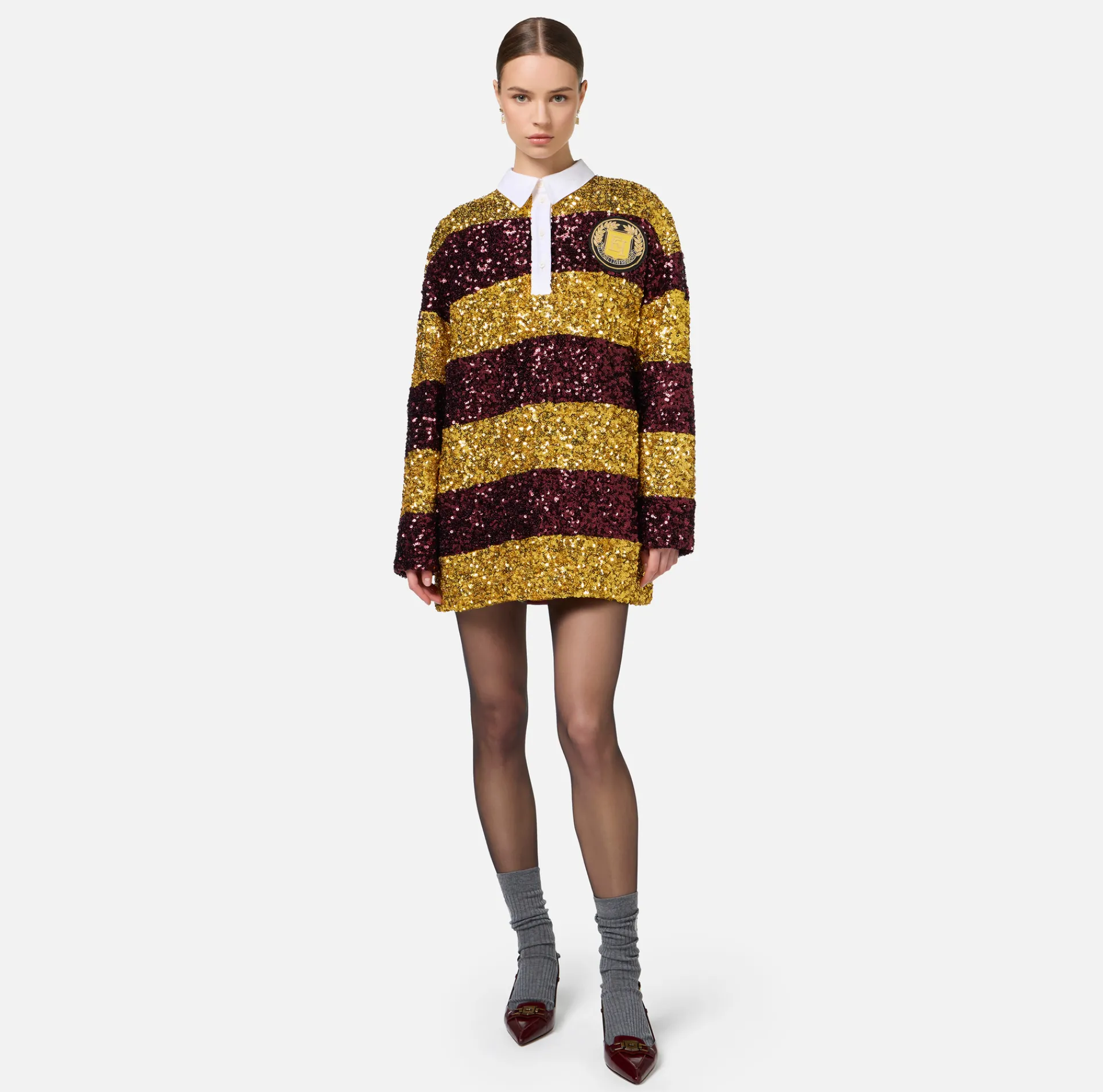 Elisabetta Franchi Mini Dresses|Dresses|Striped sequin mini-dress with shirt collar Mimosa/RougeNoir