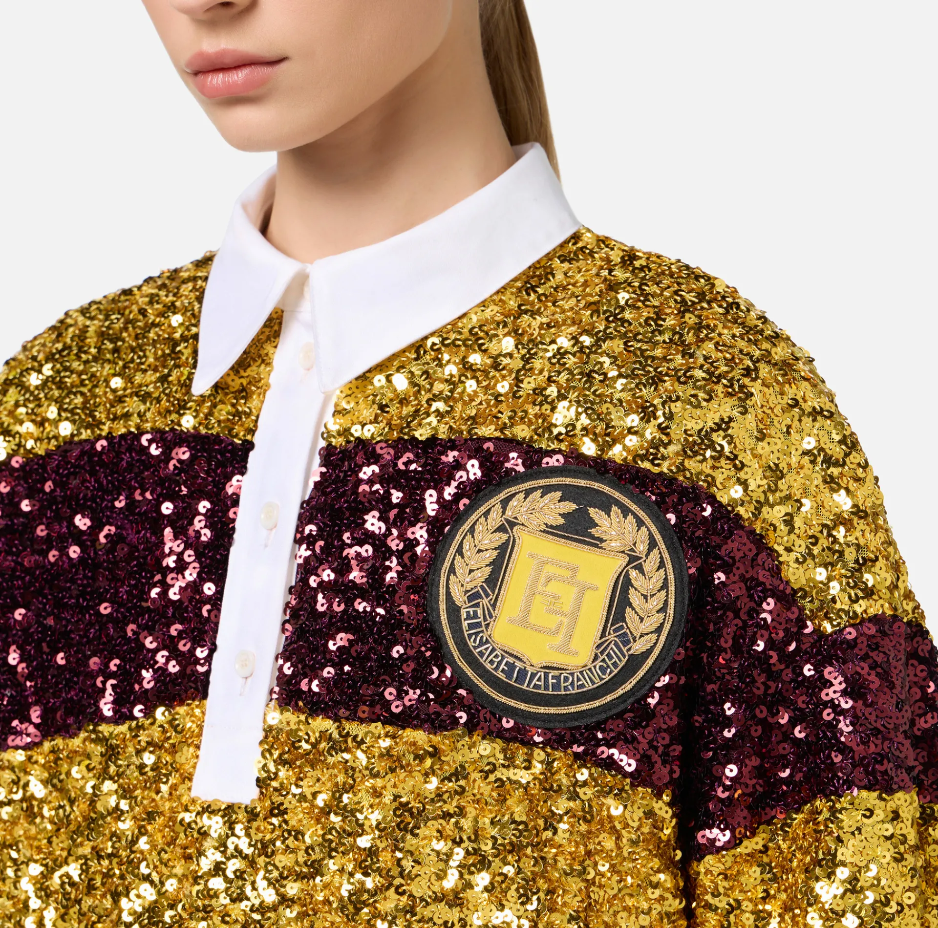 Elisabetta Franchi Mini Dresses|Dresses|Striped sequin mini-dress with shirt collar Mimosa/RougeNoir