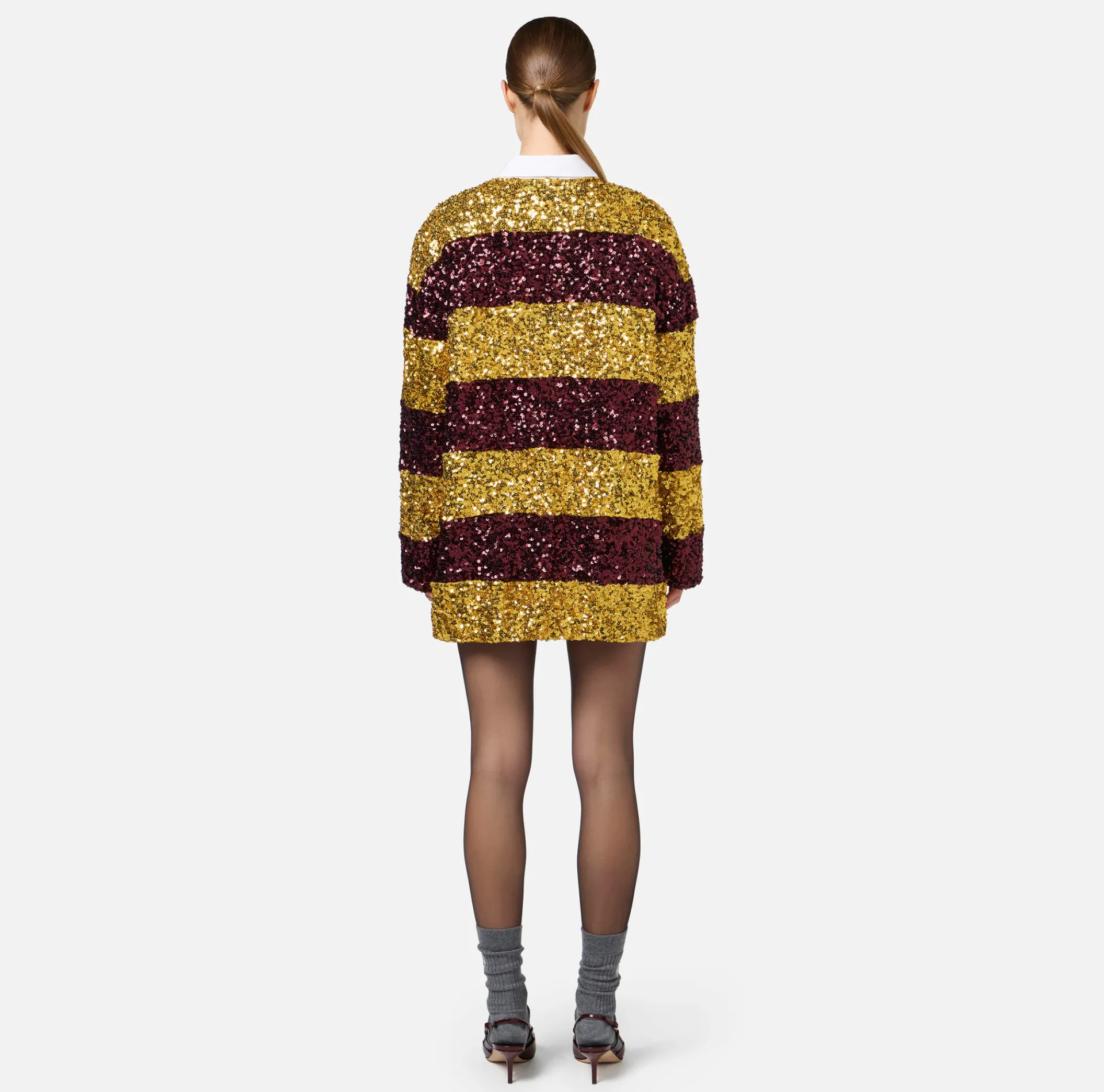 Elisabetta Franchi Mini Dresses|Dresses|Striped sequin mini-dress with shirt collar Mimosa/RougeNoir