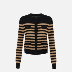 Elisabetta Franchi Knitwear And Sweatshirts|Striped wool cardigan Black/Camel