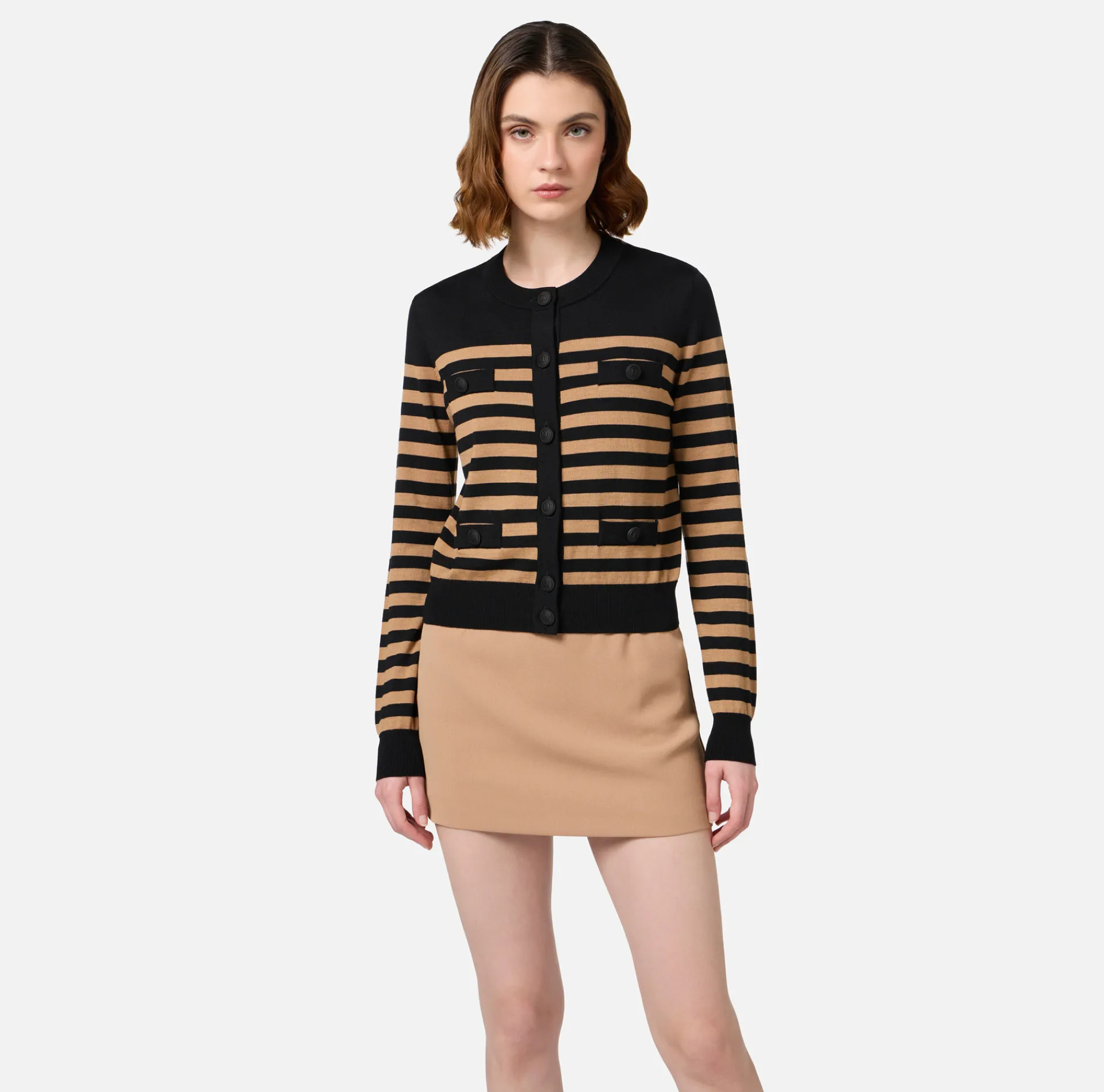 Elisabetta Franchi Knitwear And Sweatshirts|Striped wool cardigan Black/Camel