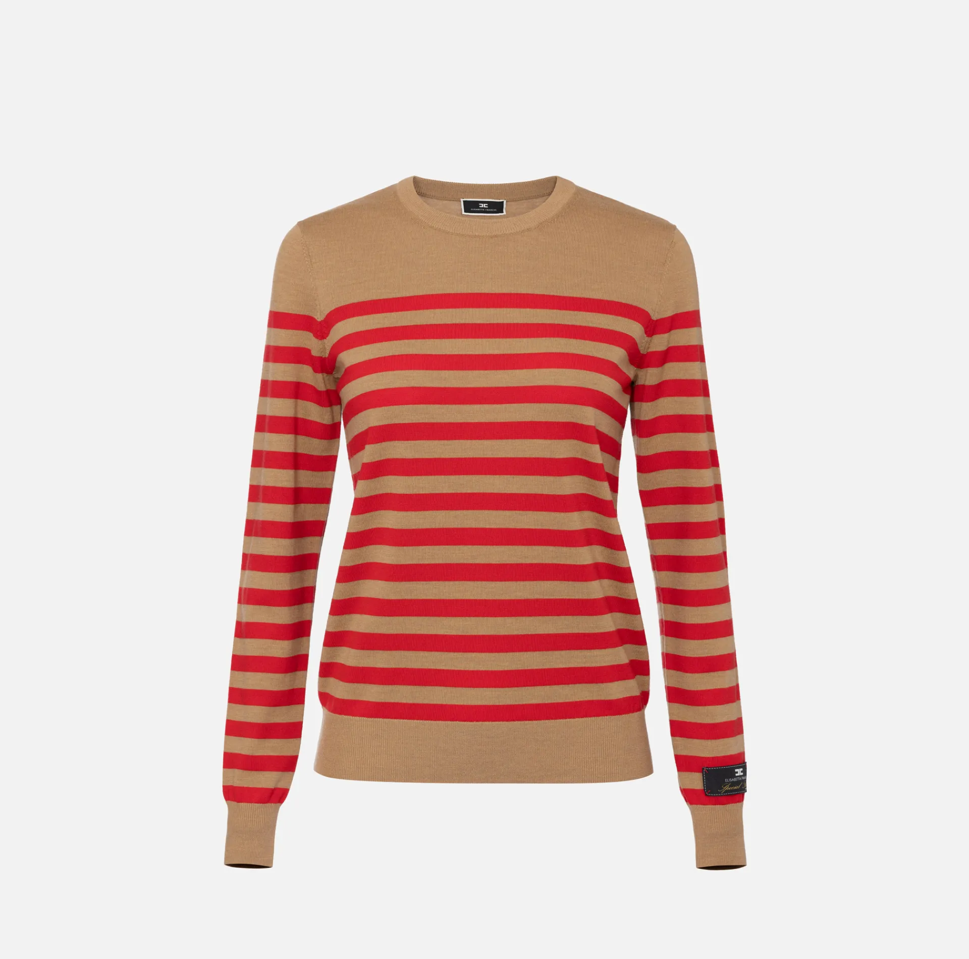 Elisabetta Franchi Knitwear And Sweatshirts|Striped wool jumper Camel/RedPassion
